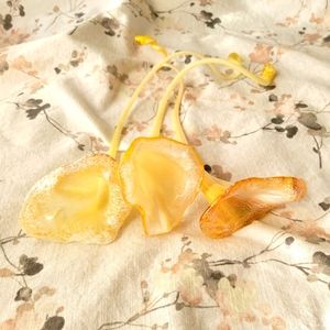 3 Glass Yellow Handblown Art Flowers w/curly stems